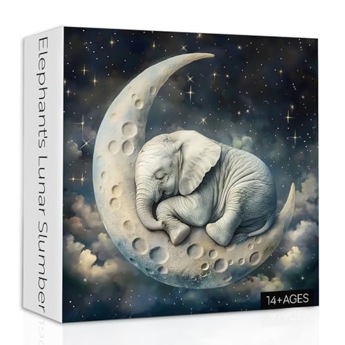 Elephant Moon Puzzles for Adults 1000 Piezas, Rompecabezas Vintage de Elefantes Durmiendo, Rompecabezas Desafiante de Animales del Espacio Fantástico miniatura 1