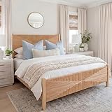 Yechen Solid Wood Rattan Queen Bed Frame with Tall Headboard and Footboard, Mid Century Modern Hand-Woven Rattan Bedframe with Vintage Pattern, Boho Wooden Bed with Metal Slats, No Box Spring Needed