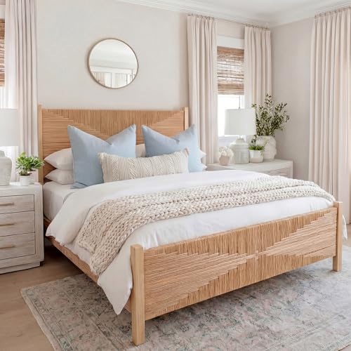 Yechen Solid Wood Rattan Queen Bed Frame with Tall Headboard and...