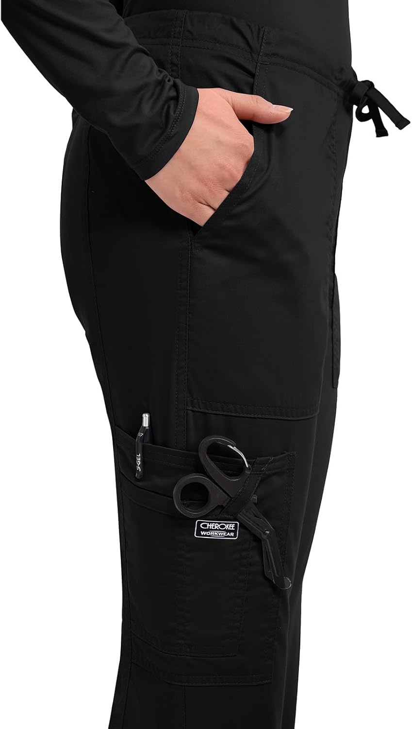 Cherokee Scrub Pants for Women Mid Rise Flare Leg Drawstring Cargo Medical Uniform 4 Pocket Durable Easy Care Stretch - 4044 - Image 2