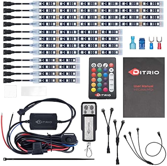 DITRIO 12pcs Underglow RGB LED Strip Light Kit DC 12V with 2 Red Blinking Brake Light Styles for Motorcycles Trikes Golf Carts ATVs UTVs – M12r
