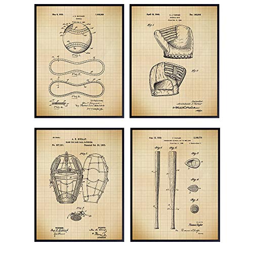 Baseball Patent Art Prints - Vintage Retro Wall Art Poster Set - Chic Contemporary Home Decor for Boys