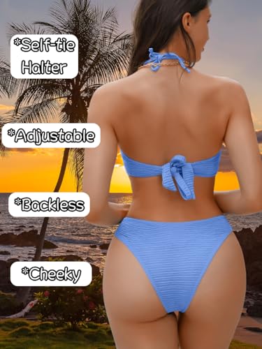 Sexy Womens Starfish 3 Piece Bikini Set, Textured Halter Bandeau Swimsuit Cover Up Skirt, Bathing Suit Beach Outfits3