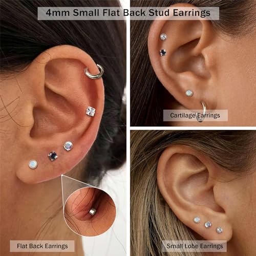 Jstyle Surgical Steel Earrings for Women Men Hypoallergenic Stud Earrings for Sensitive Ears Flat Back Earrings Stud 20G Stainless Steel Cartilage Earring Opal CZ Small Flatback Stud Earrings Women2