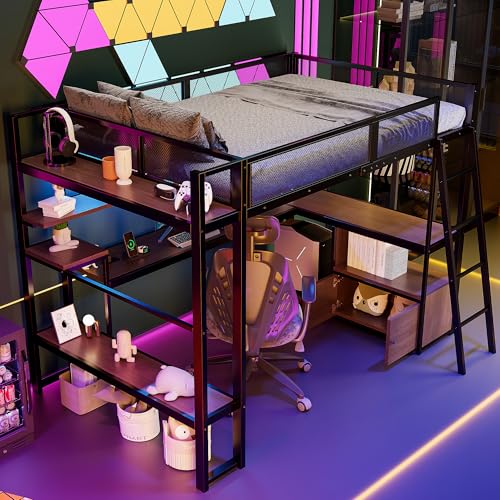 Soweiz Cama alta de metal para videojuegos (140 x 200 cm) con espacio de trabajo integrado, iluminación LED y mucho espacio de almacenamiento, cama para niños y niñas (negro)