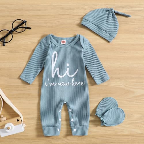GRNSHTS Newborn Baby Boy Romper Coming Home Outfits Letter Print Bodysuit Jumpsuit+Hat+Gloves 3PCS Clothes Set2