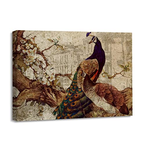 Toile paon coloré pour un bureau élégant : peinture vintage encadrée de 30x40 cm