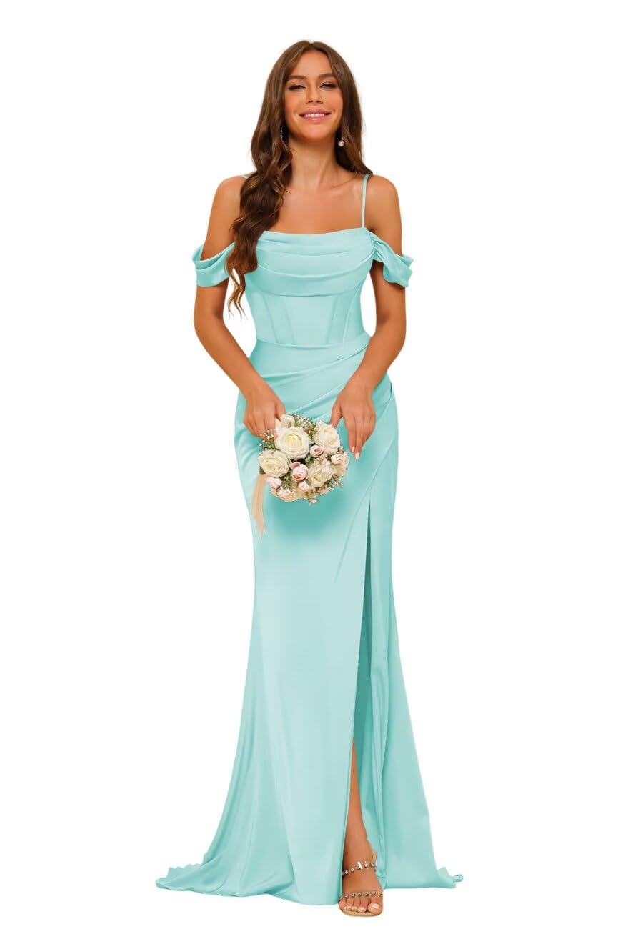 PUXIU Long Satin Bridesmaid Dresses with Silt 2026 Mermaid Formal Dress PUS046
