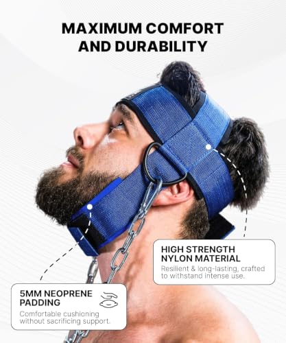Image of RACE Neck and Head Strengthening Equipment Weight Harness Thick Padded Adjustable Strap with Heavy Duty Steel Chain & Rings for Gym Crossfit Fitness Training Injury Rehab (BLUE)