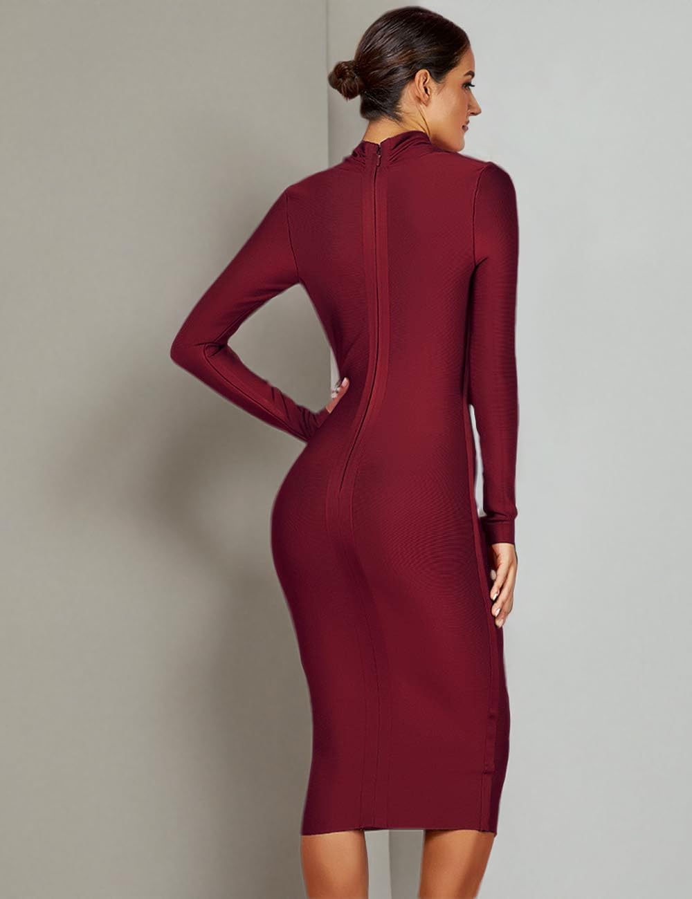 whoinshop Women 's Draped Deep Plunged Long Sleeve Night Out Club Cocktail Party Dresses with Knee Length