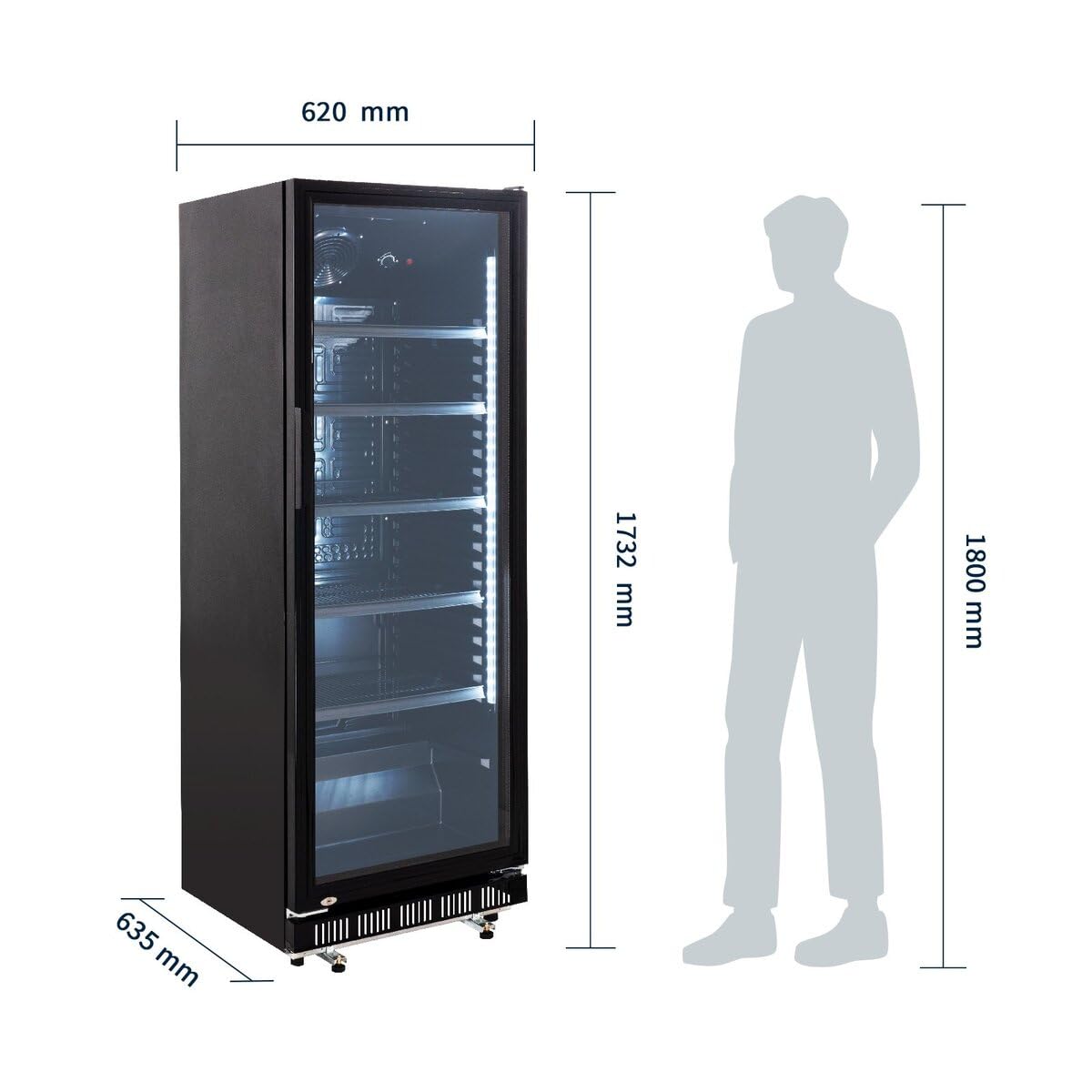 GastroHero Frigorifero per bevande GK-360BB per ristorazione, 4 ripiani regolabili, capacità refrigerante da 360 litri, frigorifero con porta in vetro, illuminazione interna, chiudibile, forniture per