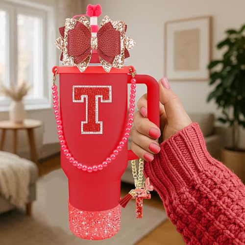 Hpebl 9PCS Red for Stanley Cup Accessories Set Bling Initials Bow Charms for Stanley Decorations 30/40 Oz Tumbler Accessories Including Bow Straw Topper, Handle Strap, Spill Stopper（Letter T） - image 2