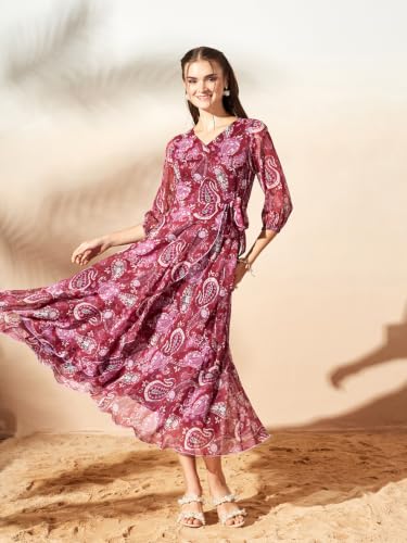 Image of Miss Chase Women's Multicolored Black Floral V-Neck 3 /4 Sleeve Wrap Chiffon Midi Dress