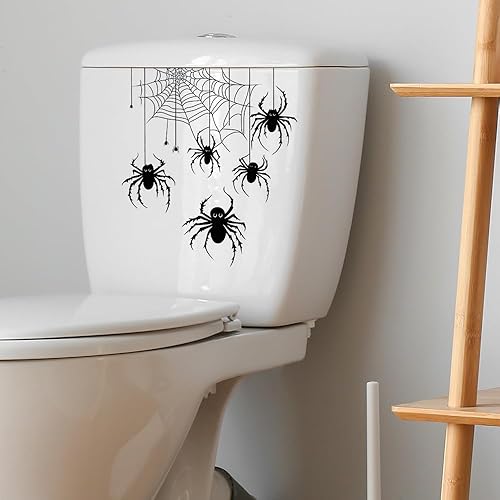Miniatura 5 de Calcomanías de telaraña de Halloween con arañas, autoadhesivas, para inodoro, baño, pared, decoración del hogar, extraíble, sin residuos, 2 juegos