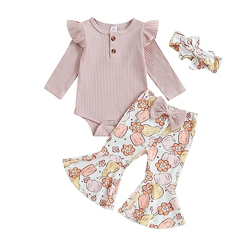 Image of Kuriozud Newborn Baby Girl Bell Bottom Outfit Ruffle Romper Cute Bow Flare Pants Set Headband Cute Clothes