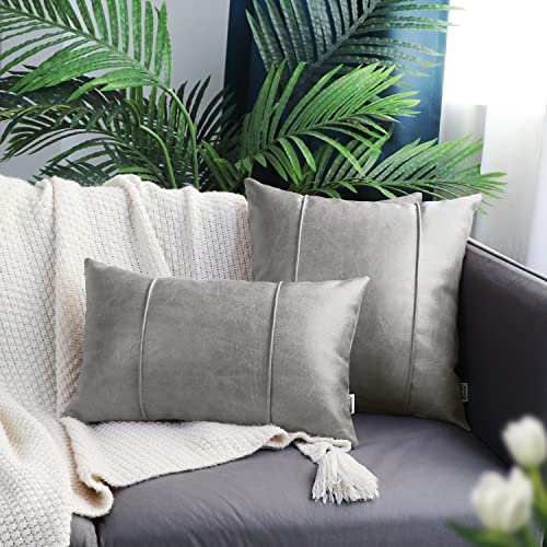 Image of BRAWARM Gray Leather Throw Pillow Covers 12 X 20 Inches - Faux Leather Lumbar Pillow Cover with Piping, Hand Stitched Leather Throw Pillow for Couch Sofa Bed Living Room Home Decorative