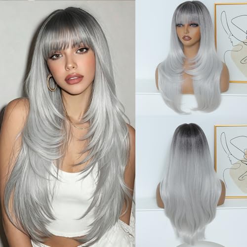 FEIVOSILAN Silver Layered Wig with Bangs 26 Inch Long Wavy Silver Gray Wigs for Women Heat Resistant Synthetic Wig for Daily Use