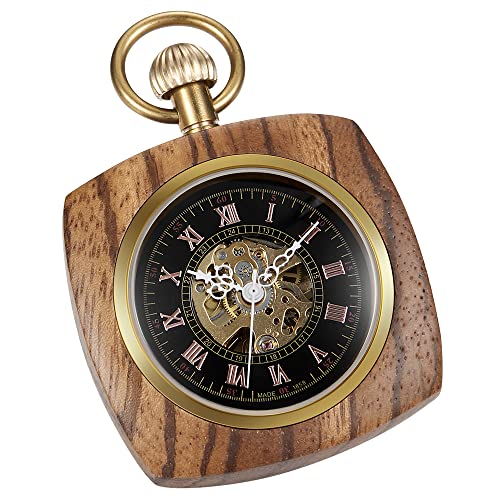 Montre à gousset mécanique steampunk en bois Tiong pour homme avec chaîne