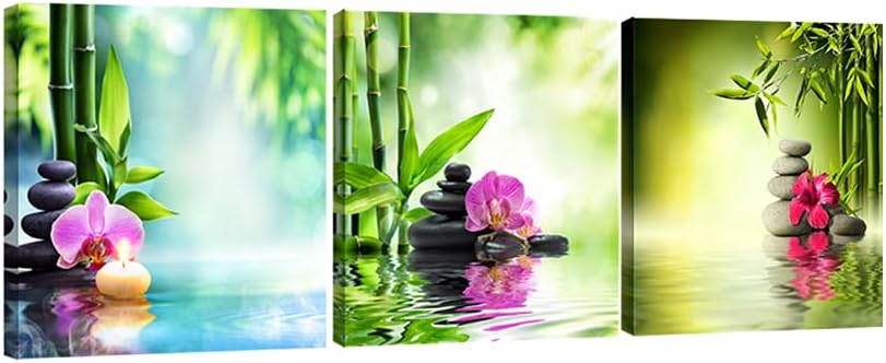 Pyradecor3 Piece Spa Zen Stone Giclee Canvas Prints Wall Art Paintings Pictures for Living Room Bedroom Home Office Decor Modern Stretched and Framed Green Bamboo Pink Flowers Romance Artwork