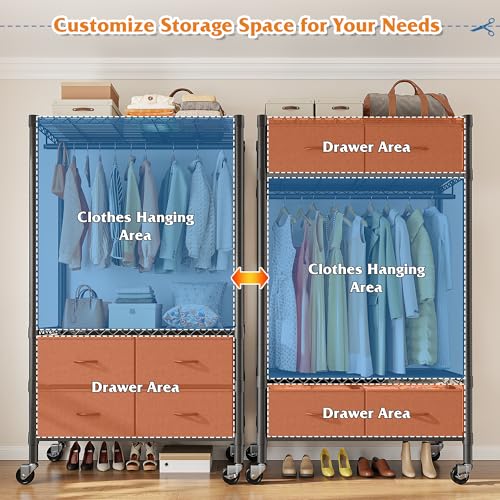 Image of Raybee Clothes Rack Heavy Duty Clothing Rack with Rolling Wheels & 4 Drawers, Clothing Racks for Hanging Clothes with Drawers, Black