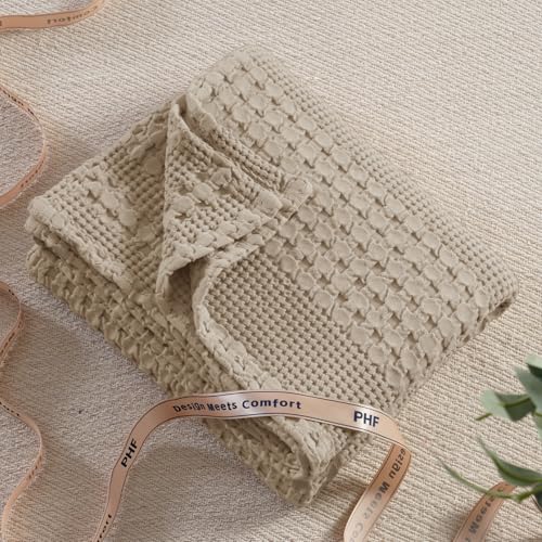 Image of PHF 100% Cotton Waffle Throw Blanket for Couch, Lightweight Breathable and Soft for Summer, Luxury Aesthetic Waffle Weave Blanket for Home Decor & Office, Gifts for Women, 50 inchx60 inch, Taupe
