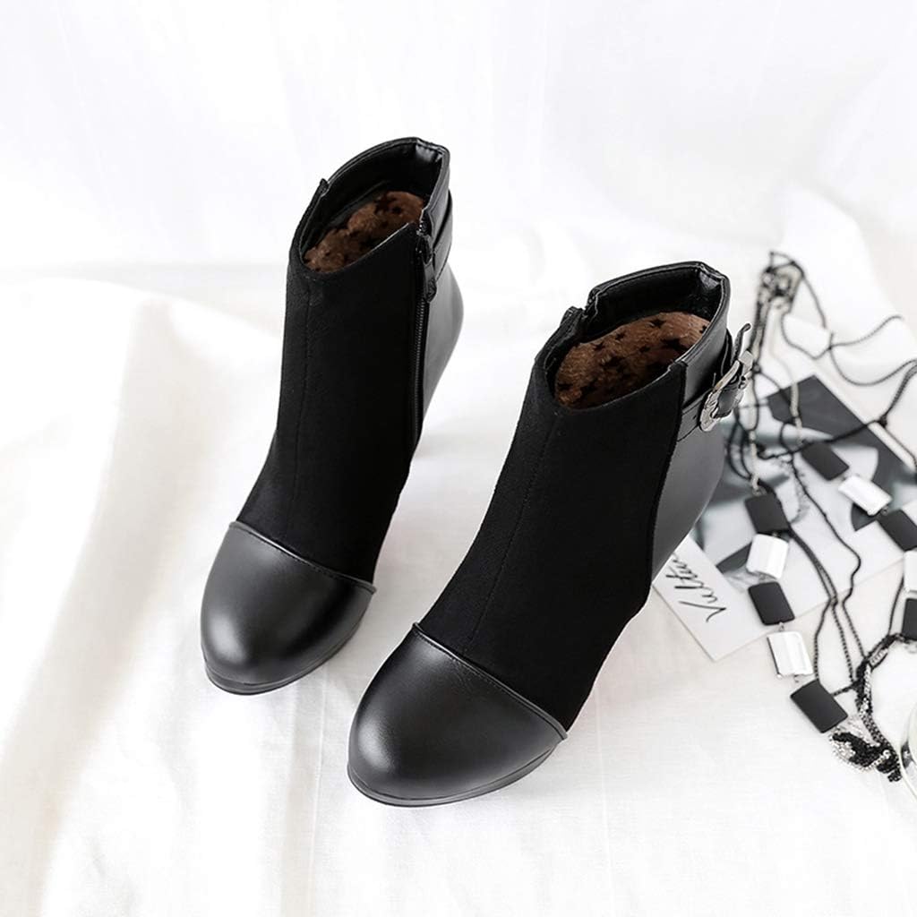 MIOKE Women's Fashion Round Toe Dress Ankle Boots Buckle Platform Zipper Stiletto High Heel Short Booties