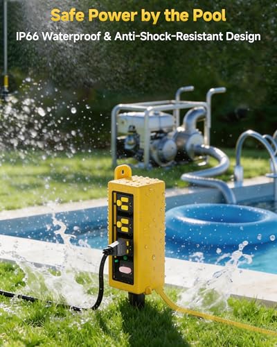 Image of Outdoor Extension Cord, 6 Wide Outlets, 1875W /15A, 15FT 14AWG Heavy Duty SJTW Power Strip with Surge Protector, All-Weather & IP66 Fully Waterproof, Ideal for Patio, Garden, Pool, RV, Yellow