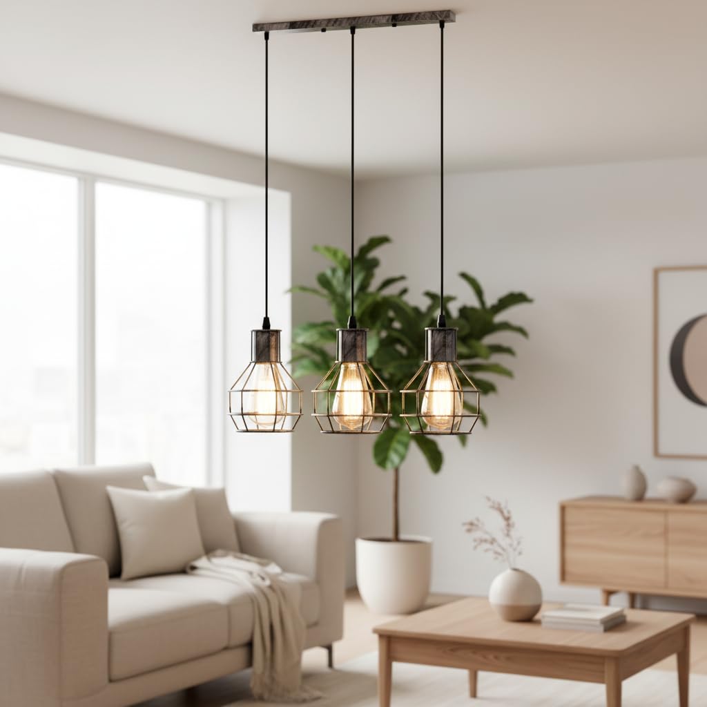 LEDSone Industrial 3 Light Pendant Ceiling Light with 3 x E27 Edison Bulbs Included, Adjustable Hanging Cables (Max 95cm), Brushed Silver Metal Cage Nest Design, Modern Lighting for Kitchen Island