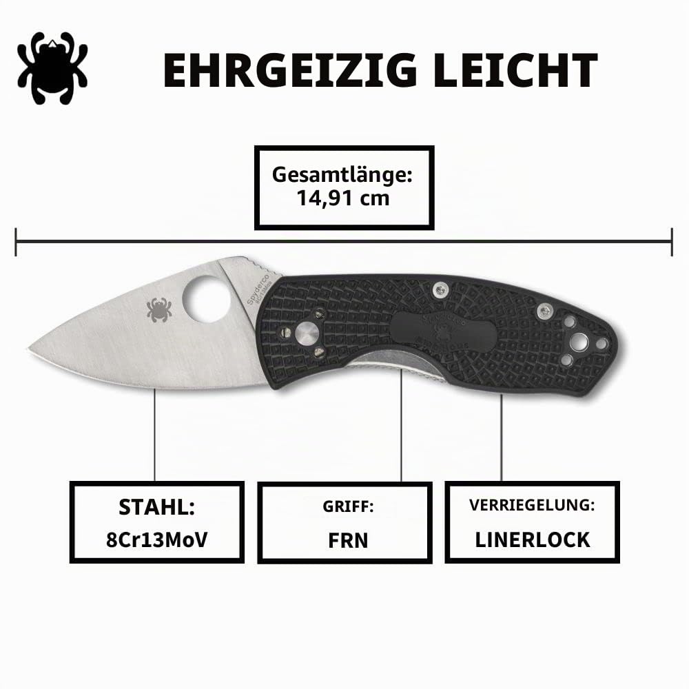 Spyderco Ambitious C148PBK Taschenmesser, leicht, klappbar, mit 6,1 cm Edelstahlklinge und FRN-Griff, PlainEdge