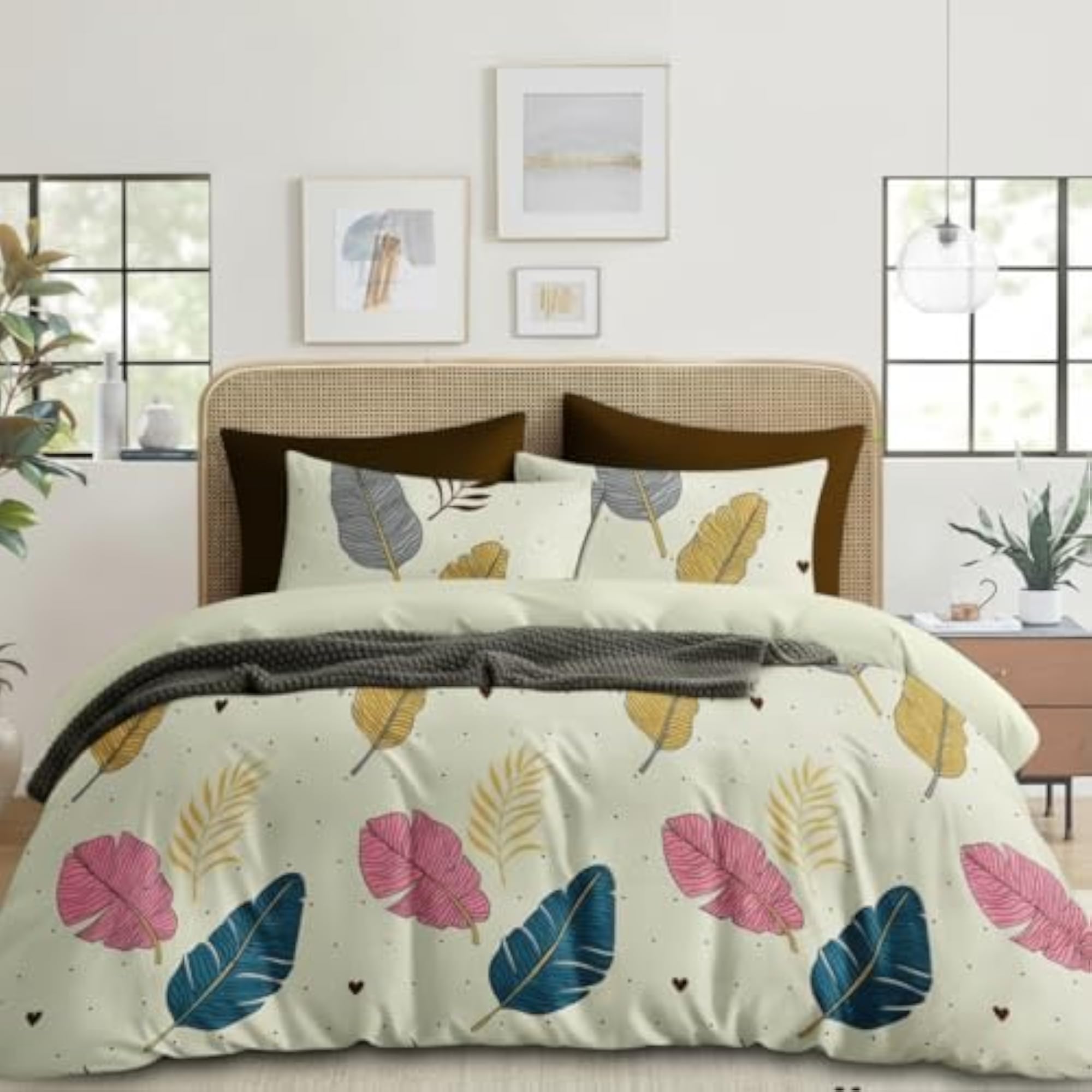 Navy Blue Floral Print Flat Bedsheet with Pillow Covers