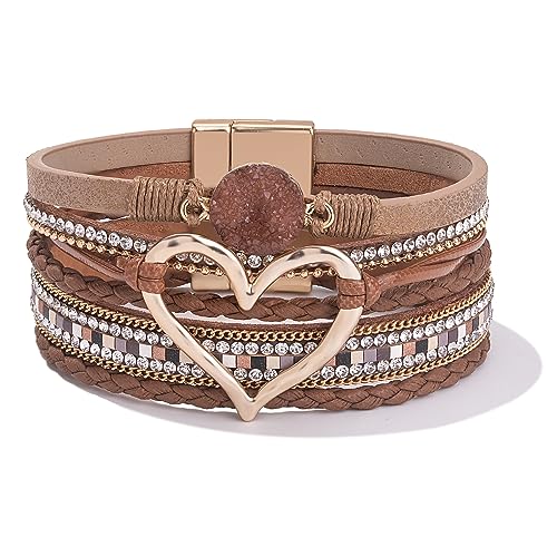FANCY SHINY Heart Leather Wrap Bracelets Stackable Boho Cuff Bangles Trendy Resin Stone Rhinestone Bracelets with Magnetic Clasp for Women