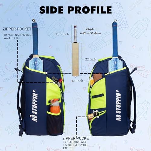 Image of WHACKK Crowe 60L Unisex Navy Cricket Kit Bag Backpack | Youth Size | 2 Bat | Shoe /Helmet Pocket | Main Compartment 14.75 inch Leg Pad | Bottle Holder | Easy Access Pocket | Player Edition Youth