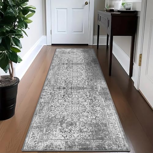 vivorug Grey Runner Rug 2x10 Machine Washable Rug with Non-Slip Backing, Ideal for Kitchen Hallway Entryway Laundry Room - Vintage, Durable, Easy Clean, Low Pile Carpet Runner