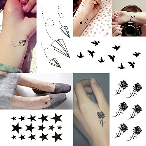 Oottati 30 Sheets Small Cute Temporary Tattoos Kit - Black Foot Print Camera Elephant Star Diamond Cross Bird Cat For Kids Women Men #TOP6