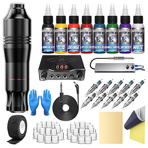 Image of Tattoo Gun Kit, Wormhole Tattoo Machine Kit Tattoo Pen Complete Tattoo Kit Rotary Tattoo Practice Machine 10 Cartridge Needles 8 Tattoo Ink 40 Tattoo Ink Caps for Beginner WTK085