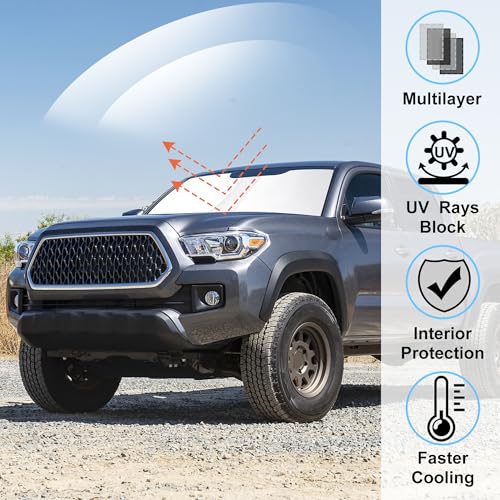 Image of Windshield Sun Shade Compatible with 2016 2017 2018 2019 2020 2021 2022 2023 2024 2025 2026 Toyota Tacoma Accessories Foldable Sunshade Sun Blocker