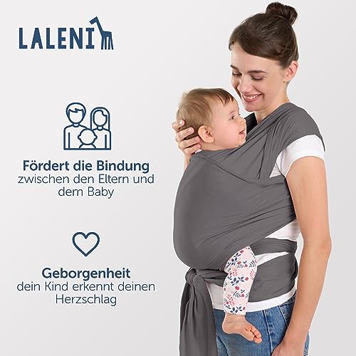 Laleni Tragetuch Baby neugeboren bis 15 kg aus weicher Baumwolle - Babytrage Neugeborene ab Geburt - OEKO-TEX zertifiziertes Tragetuch Kleinkind - Wickeltuch Baby mit 5,10 m Länge - Babytuch in Grau