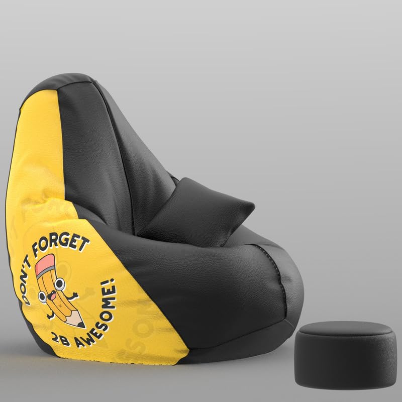 Image of Biggie Bean Bag with Beans Filled 4XL Evergreen Classics Bean Bag-Loud Prints-Soft Landings-Styled with Free Cushion & Footrest (Matching Color : Printed 2B Awesome-Black)