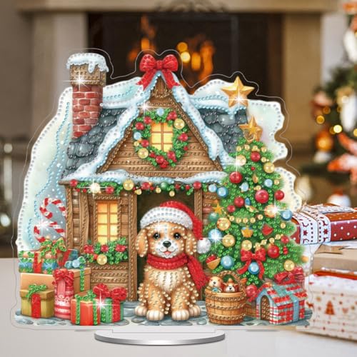 Starnearby DIY Diamond Painting Weihnachten Tisch Deko, 5D Diamant Painting Weihnachten Neu, Diamond Painting Winter Stehend Kunst Set für Anfänger Hausgeschenk Deko (Hundehütte)