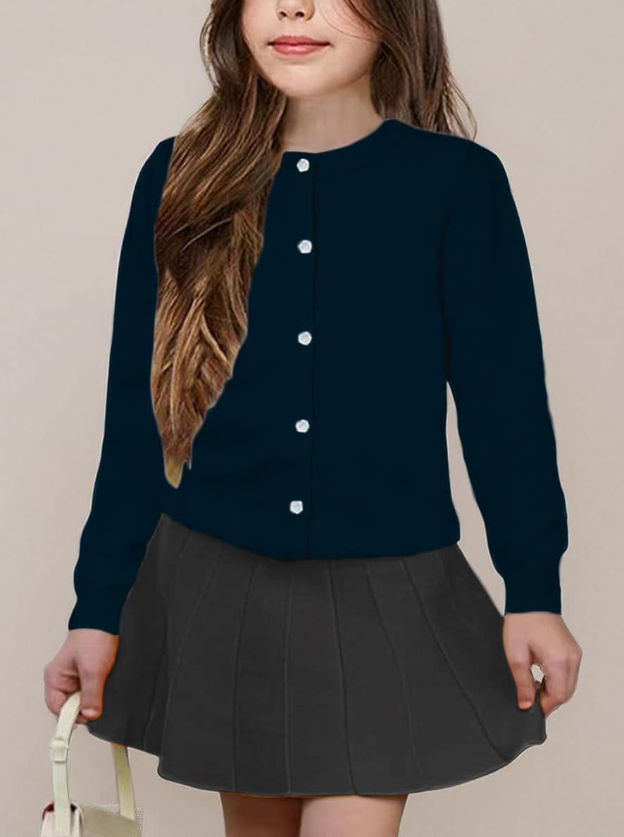 Girls' Cardigan Sweater [Cute Petal Buttons] Cotton Long Sleeve Crewneck Uniform Sweater for 5-14 Years Girls - Image 10