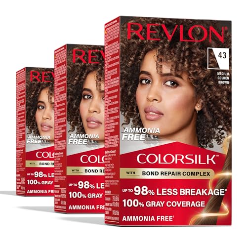 Revlon ColorSilk with Bond Repair Complex Brown Permanent Hair Color 100% Gray Coverage Ammonia Free Hair Dye Vegan Keratin 43 Medium Golden Brown (Pack of 3)