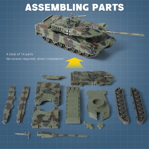 SEBUNAS Leopard 2A7 Militärpanzer im Maßstab 1/72, Schnellbaumodell, deutsches Panzerfahrzeug, Leopard 2A7 Kampfpanzer, Baumodell, Geschenk für Erwachsene und Kinder (14 Teile)