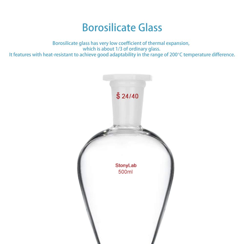StonyLab 500 ml Entonnoir Séparateur à Paroi épaisse en Verre Borosilicaté, Separatory Funnel avec Joints 24/40 et Robinet en PTFE - 500 mL