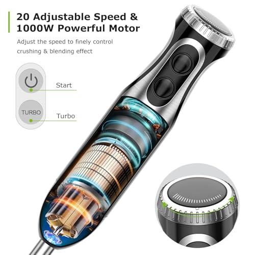 Bonsenkitchen Stainless Steel Hand Blender, 4-in-1 Stick Blender 1000W, 20 Speed Adjustable, with Whisk, 500ml Chopper and 700ml Measuring Cup, Food Processor (HB3203) - Image 3