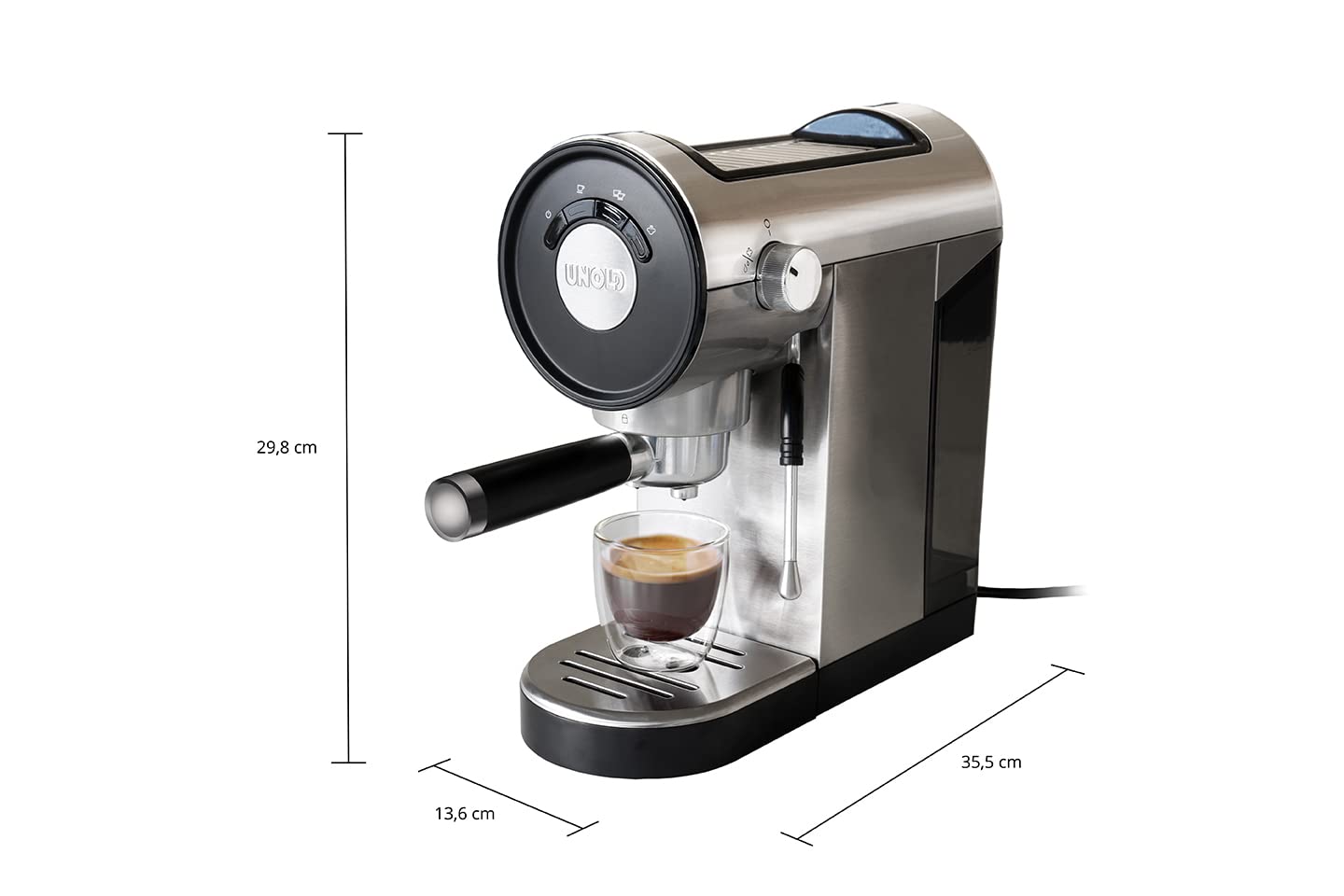 Unold Espressomaschine Piccopresso 28636 - Siebträger, Edelstahl, Thermoblock, 20 bar, Milchschaumdüse, 1–2 Tassen, Heißwasserfunktion, kompakt, Sleep Mode