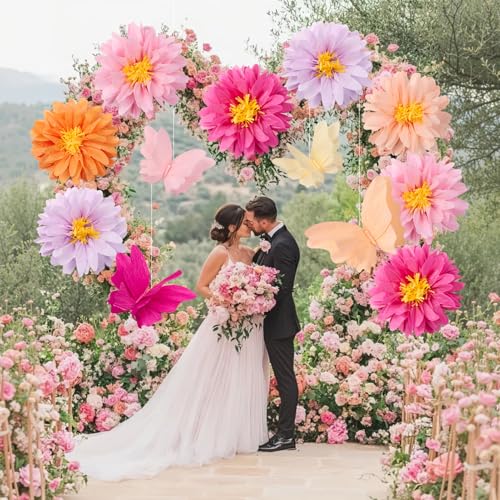 Image of SUNBEAUTY 12 PCS Giant Paper Flowers Large Butterfly Party Decorations Pink Orange Large Tissue Paper Flower for Wall Hanging Butterflies for Birthday Spring Garden Wedding Backdrop Bridal Shower