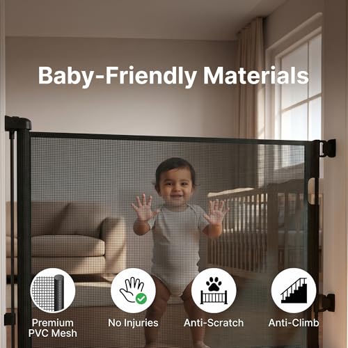 Image of A Baby Cherry - Baby Saftey Gate Retractable | Stairs & Pet Safety | Wide Mesh Gate 33 inch Tall | Expandable 55 inch | Indoor /Outdoor, Childproof Auto Lock (Black)