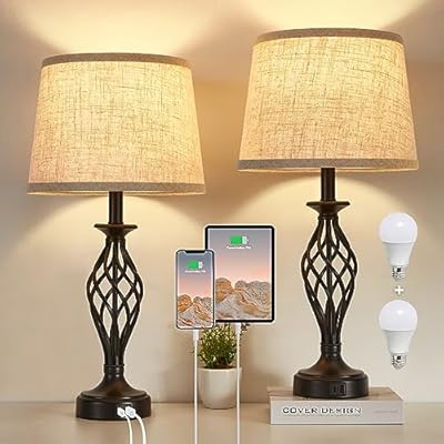 Table Lamp for Bedroom Set of 2 with USB C+A Ports, Modern Bedside Lamps with Spiral Cage Base, Fabric Shade, Nightstand Lamp for Living Room Reading Bed Side End Table, 2 LED Bulbs Included Black