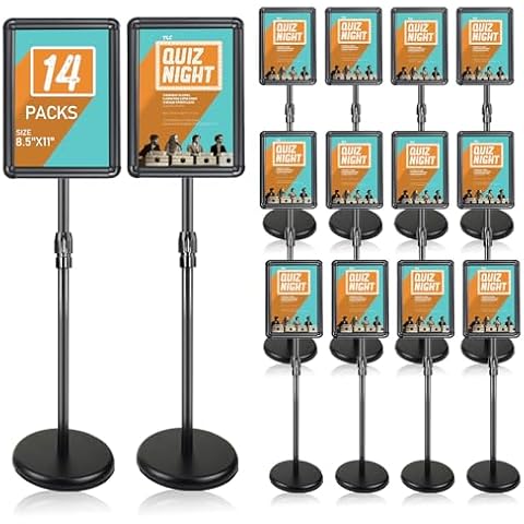 AceShow Heavy Duty Sign Stand Adjustable 8.5 x 11 Inch Sign Holder Aluminum Snap Open Frame Floor Poster Stand Vertical Horizontal Black (14 Pack Round) Cover