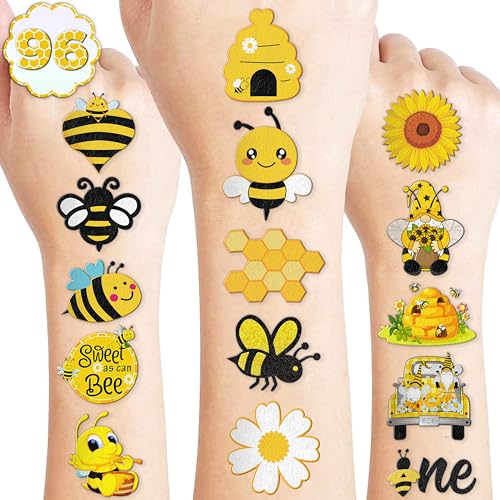 96 Pcs Cute Bee Temporary Tattoos for Kids - Funny Happy Bumble Bee Day One Theme Birthday Party Favors, Waterproof Fake Tattoo Stickers for Boys Girls School Rewards Supplies